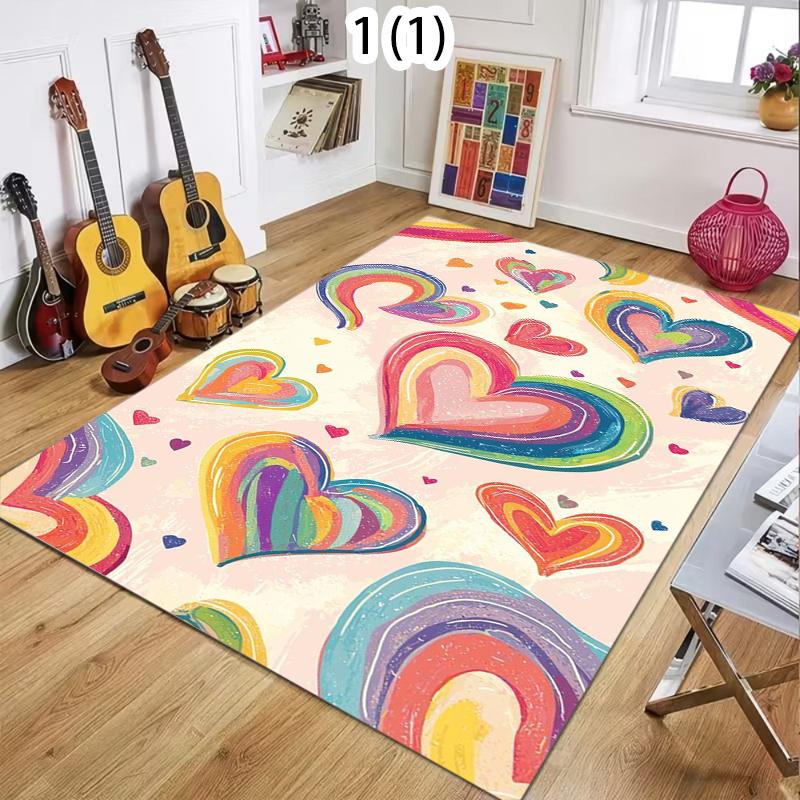 Rainbow Gradient Heart Hand-Drawn Art Area Rug Soft Non-Slip Floor Carpet for Bedrooms Living Rooms Cute Home Decor