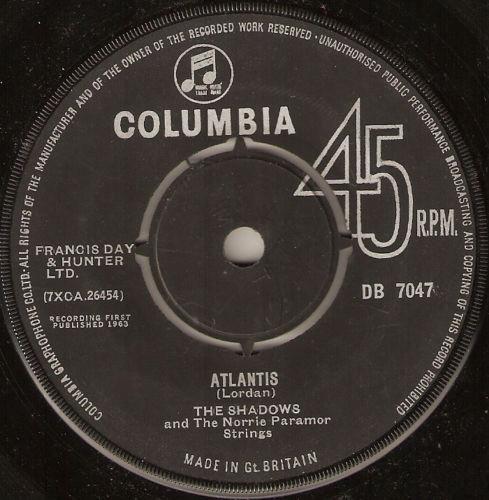 7inch Record SHADOWS - Atlantis DB7047 Columbia 1963 UK Rock Used
