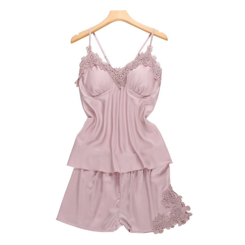 Kadınlar İçin Yazlık Lounge ve Uyku İçin Göğüs Pedli İpek Dantelli Pijama Takımı
