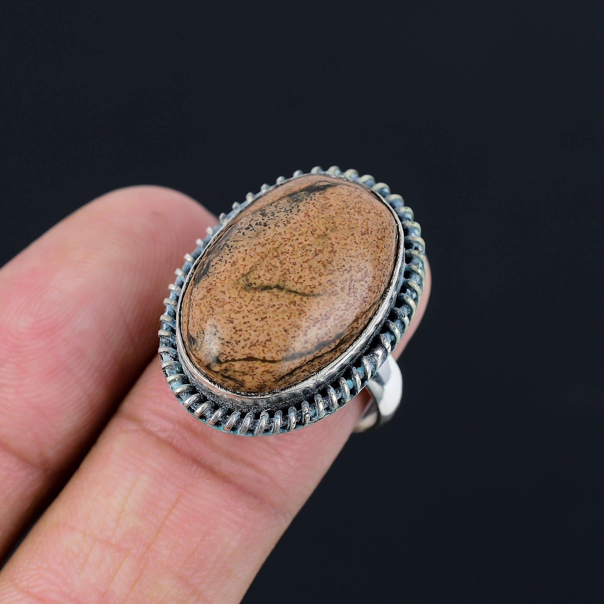 Daughters Day Deal 925 Silver Natural Picture Jasper New Solitaire Ring Size 8.5 8.5