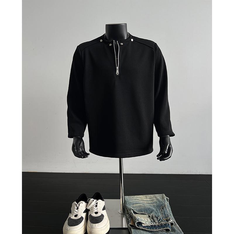 Black Half Zipper Deconstruction Design Shoulder Padded Sweater Men's Autumn and Winter American High Street Willow Nails Long-sleeved