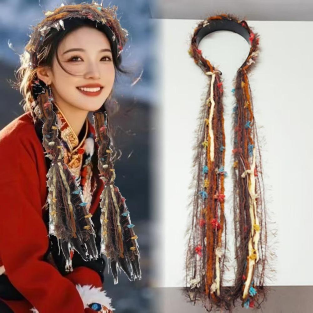 

Boho Style Chinese Tibetan Hairband Long Tassel Candy Colored Ethnic Hair Hoop Colorful Ribbon Weaving кавовий