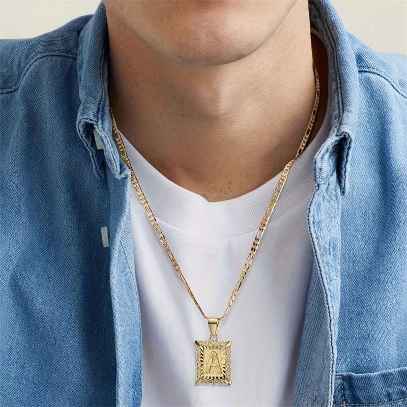 Initial Letter Pendant Necklace for Men Women 14K Gold Plated Square Necklace 26 Letters Long Chain Necklace GZW