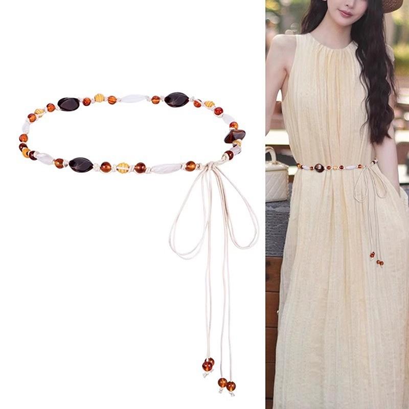 Blue Brown Bead Thin Waist Belt For Women Bohemian Ethnic Style Woven Waistband Ropes Dress Decorative Straps Summer Accessory