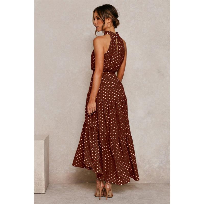 Women's Hanging Neck Polka Dot Printed Tie Dress Long Long Dress