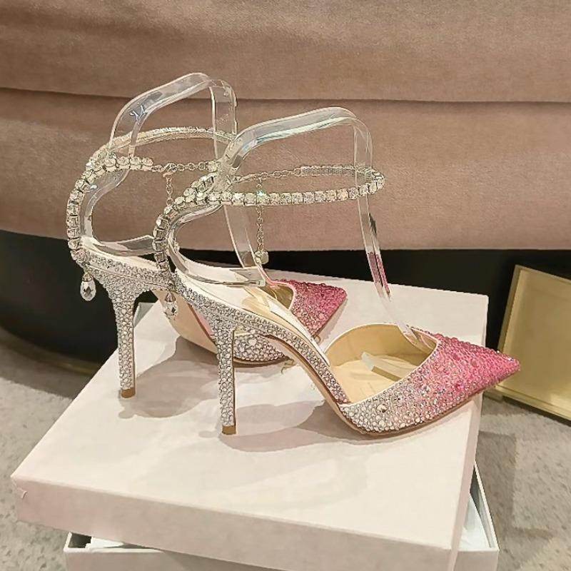Fashion Gradient Pink Toe, Thin Heel Sandals, Women'S Full Diamond, Two-Tone, European And American Style, Mid-Back Hollow, Strappy High