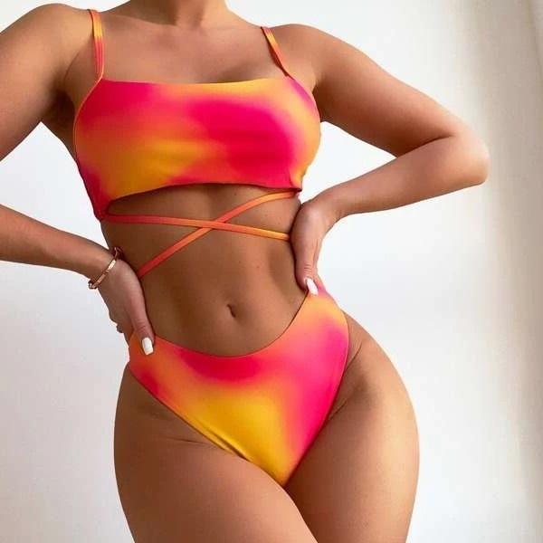 Bandage Bikini Badeanzug dreiteilig neuer sexy Badeanzug rückenfrei mehrfarbiger Batik-Badeanzug