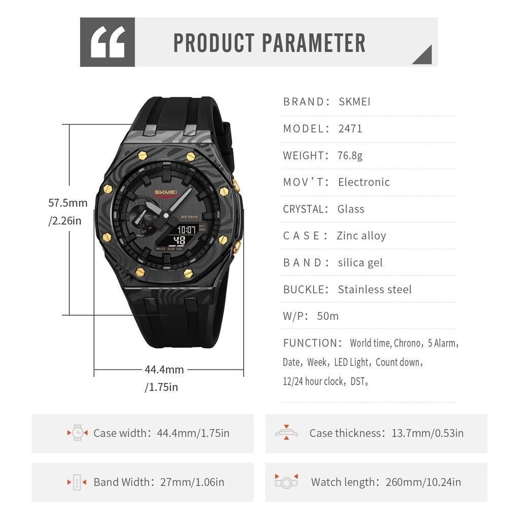 Skmei 2471 Light Dual Digital Display Quartz Waterproof Watches with Calendar Analog Stopwatch Timing Alarm Clock LED Night