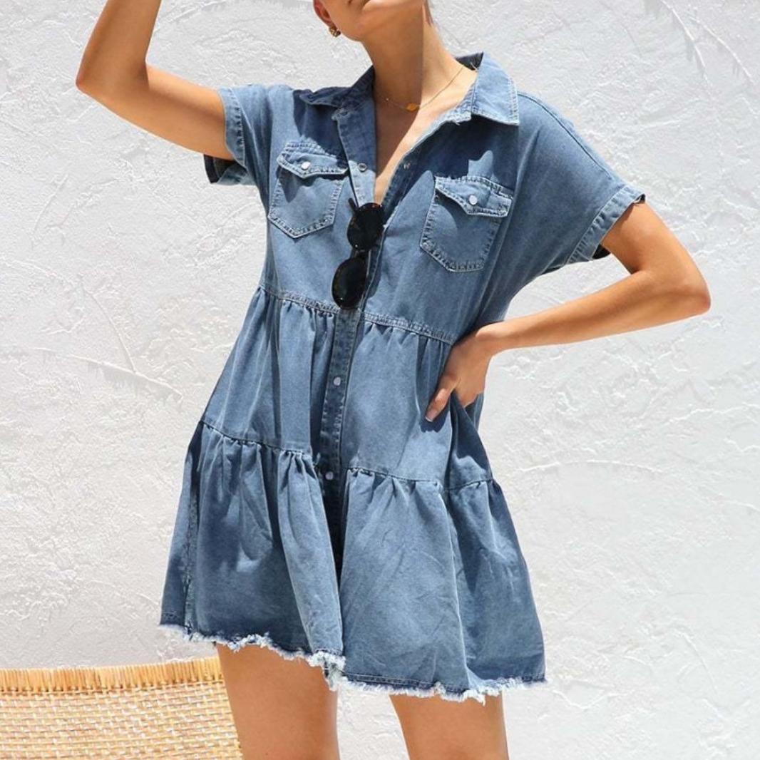 

Летнее повседневное джинсовое платье с короткими рукавами и лацканами IHUASU XL синий