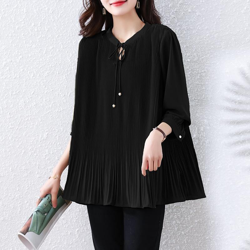 Johnature Весна Лето Женская Рубашка Модная Однотонная Ветрозащитная Плиссированная Базовая Рубашка Повседневная Простая Свободная Женская Рубашка M чёрный