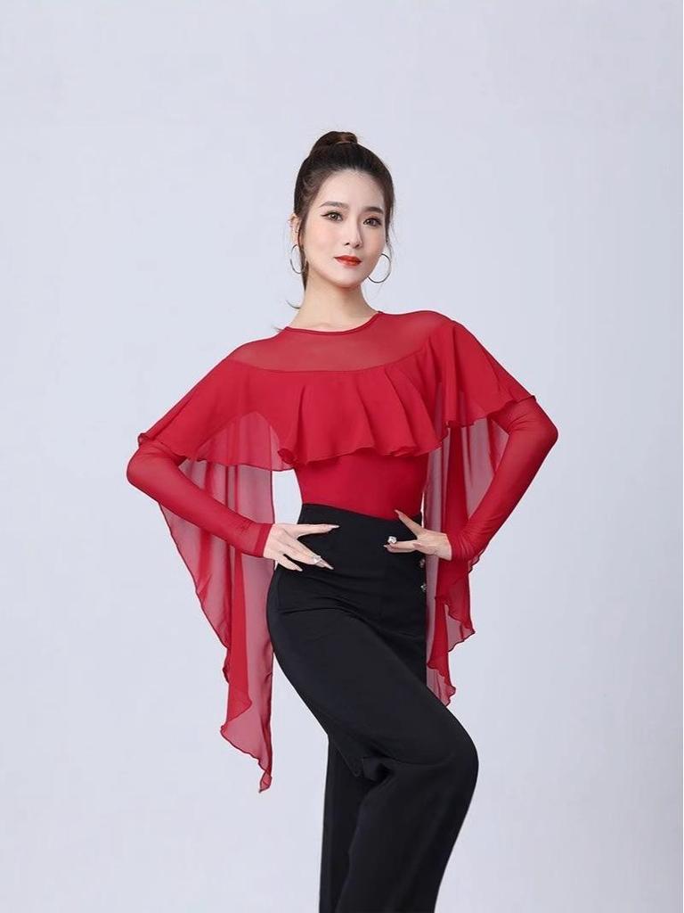 Women's Mesh Splice Ruffle Top Dance Bodysuit for Ballroom & Waltz