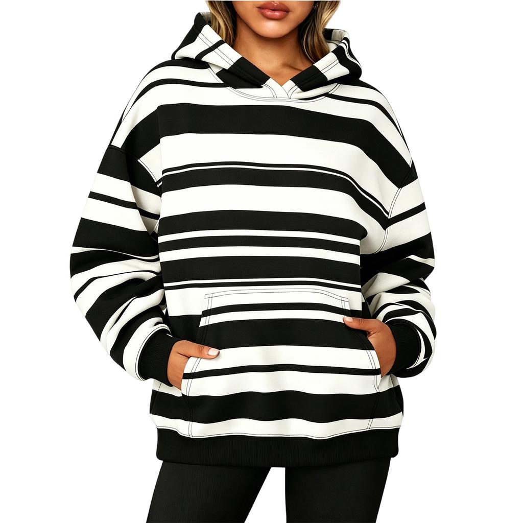 Women's Long Sleeve Striped Hoodie with Pocket - Casual Pullover Sweatshirt