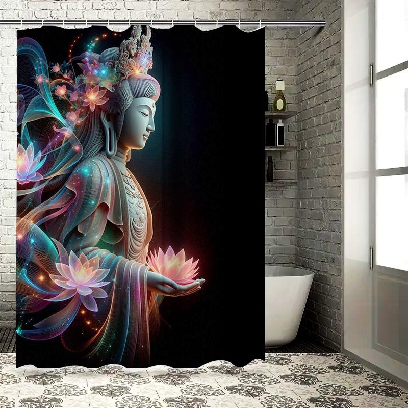 Colorful Buddha with Lotus Flowers Shower Curtain - Waterproof and Mildew-Resistant Bathroom Decor