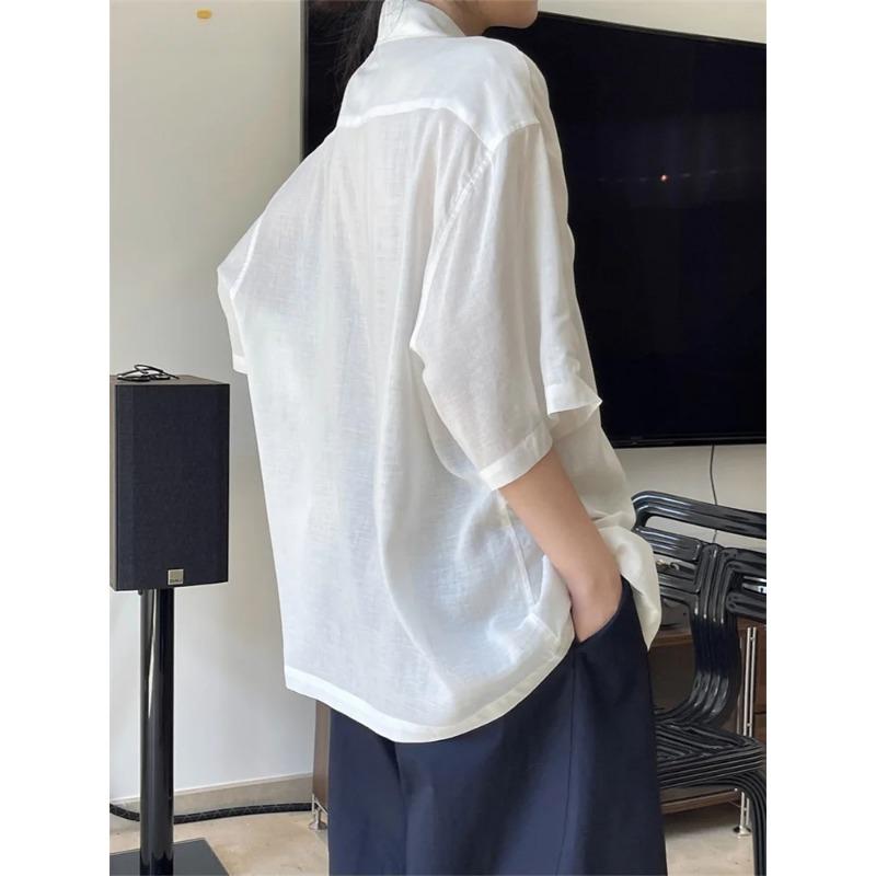 Summer Slightly Transparent Linen Short Sleeve Shirt Women Design Sense Lapel Loose Silhouette Cool Top Female