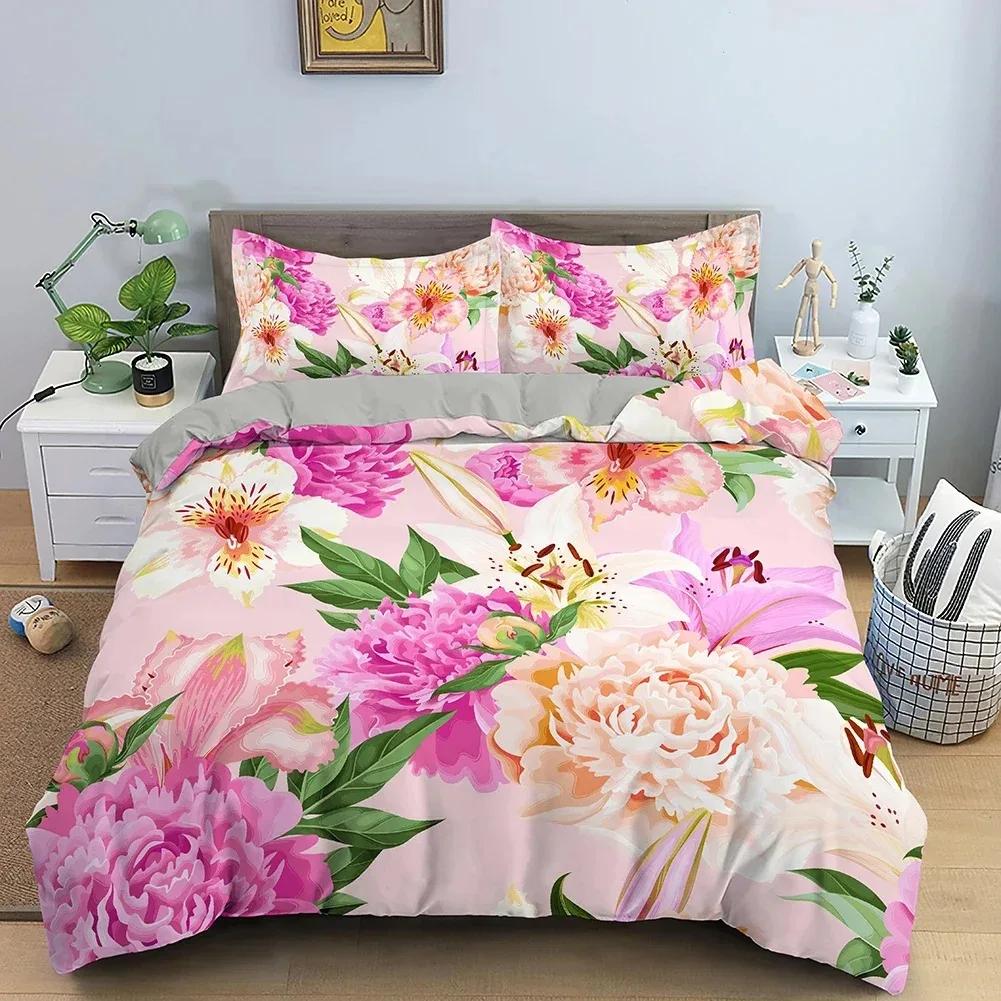 Comforter 3D Rose Flower Queen King Double Bedding Set 3Pcs With Zipper Closure King Size Polyester