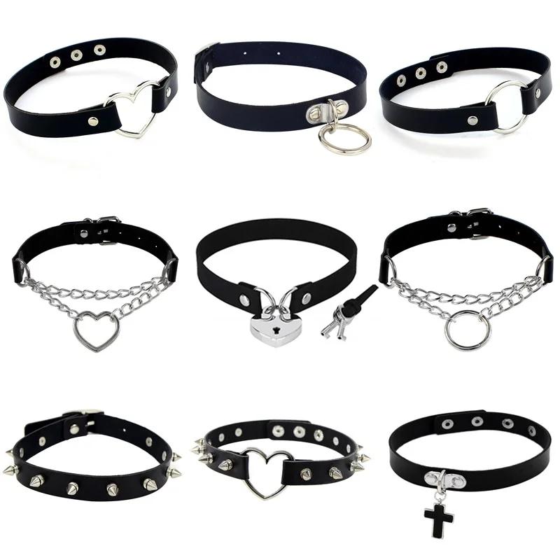1PC Punk Rock Gothic PU Leather Necklace Heart Round Spike Rivet Collar Studded Choker Chain Necklace Handmade Body Jewelry