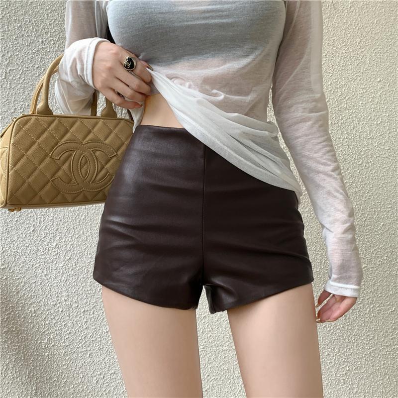 Pu Leather Bag Hip šortky Dámské Podzimní a Zimní Slim Vysoký pas Slim Sexy Hot Girl Černá Svrchní boty Kalhoty Rovné kožené kalhoty
