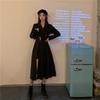 KOSY Herbst Damen Midi Kleid mit Gürtel Schwarz Sexy Übergröße Kleider Koreanischer Stil Langarm Elegant Seitenschlitz A-Linie