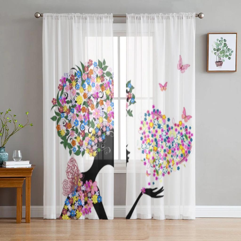 Forest Fairy Flower Butterfly Girl Tulle Curtains Living Room Bedroom Decor Chiffon Voile Kitchen Window Curtain Light Filtering For Made Of Polyester