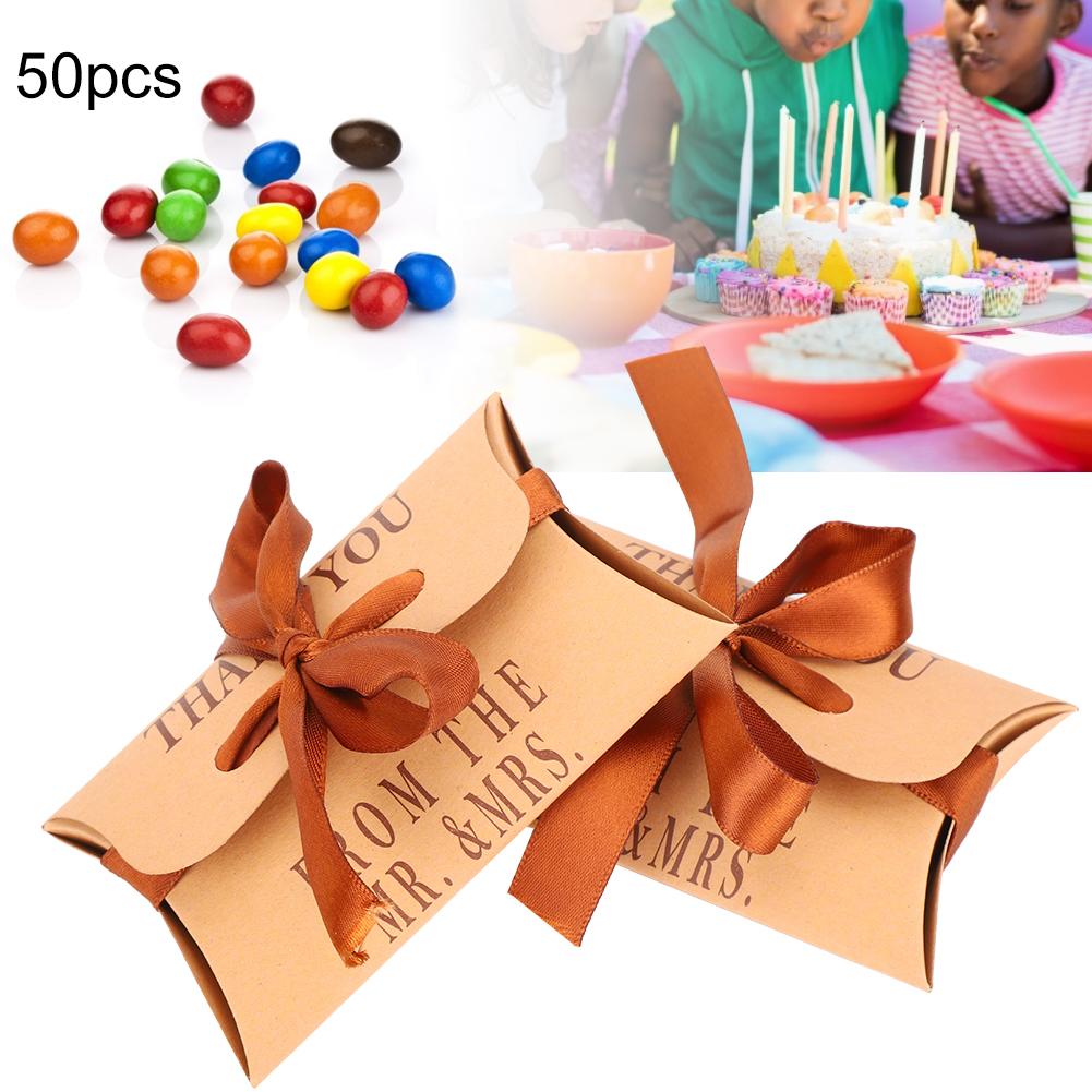 50pcs Kraft Paper Pillow Shaped Wedding Birthday Party Gift Box Portable Exquisite Candy Box