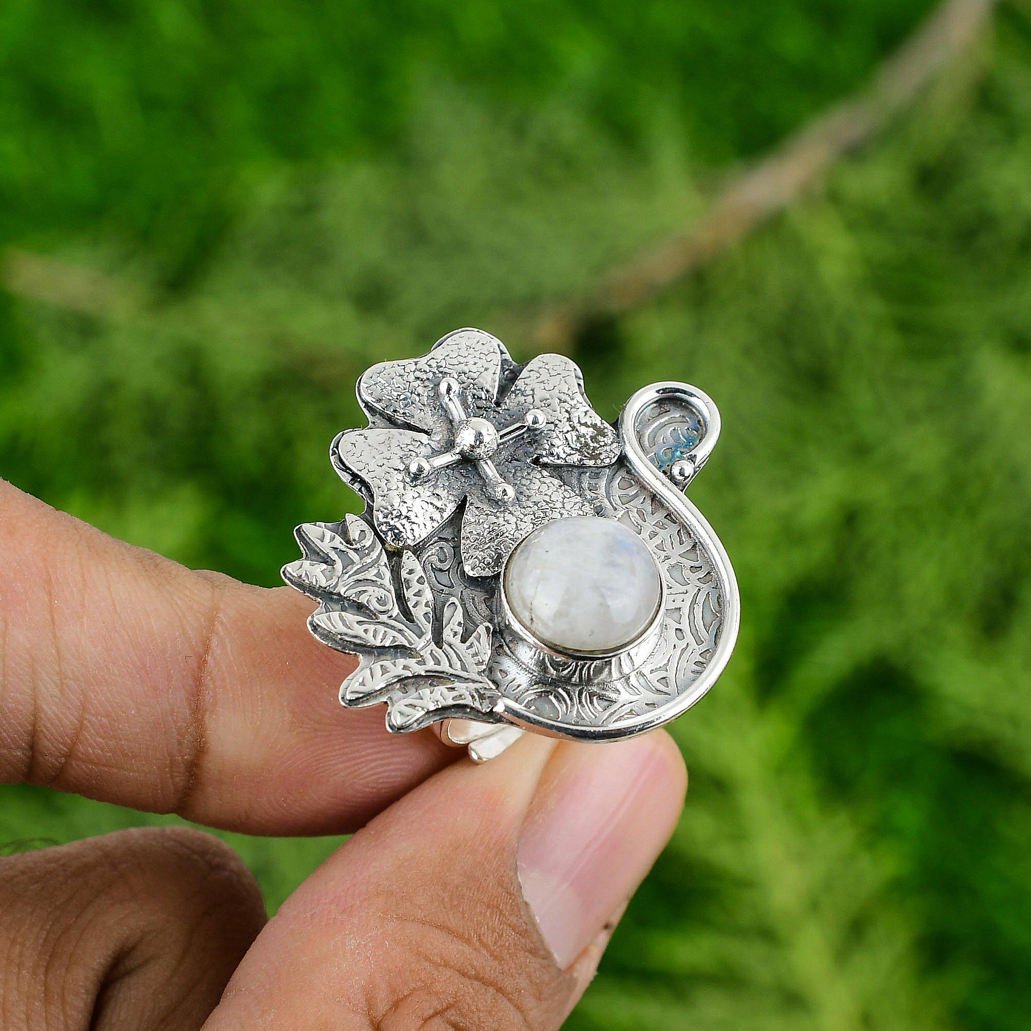 

Подарок для нее Кольцо-обещание из серебра 925 пробы с натуральным радужным лунным камнем в виде цветка, регулируемое Adjustable