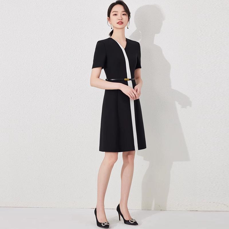 Elegant Black and White Color Block Summer Short Sleeve Dress for Work or Formal Events