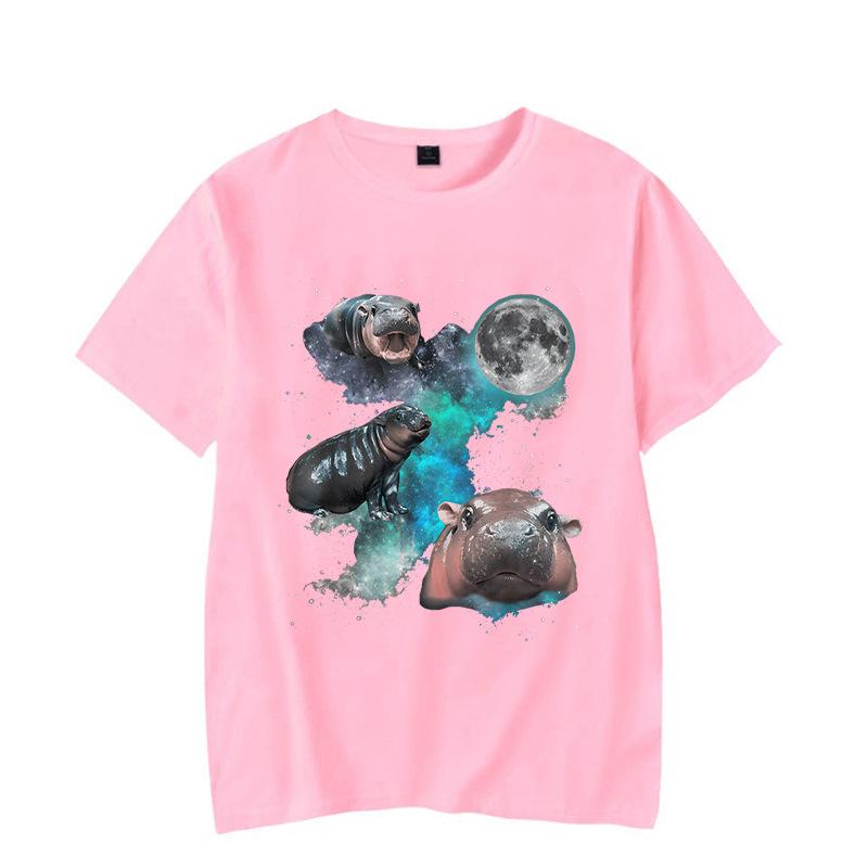 Ladies' Loose Casual Fun Moo Deng Bouncing Pig Print Pure Cotton Short Sleeved Top T-Shirts Women’s