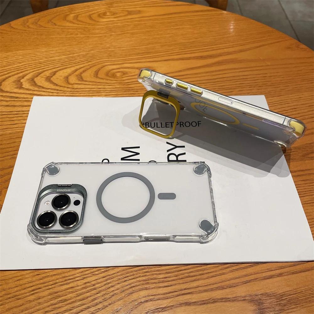 For Magsafe Shockproof Magnetic Phone Case for IPhone 17 16 15 Plus 14 13 12 Pro Max 17Air with Glass Lens Protect Stand Cover