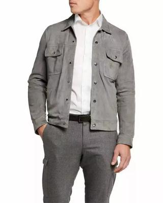 Chemise en Cuir Daim Véritable Gris Fait Main Élégant Décontracté Fête Tendance pour Homme