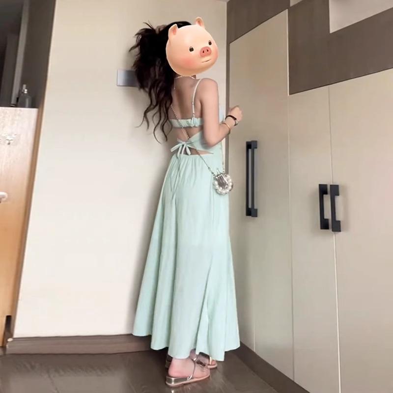 French Green Strappy Women's Summer Dress 2026: Petite Waist-Cinched Beach Vacation Long Dress