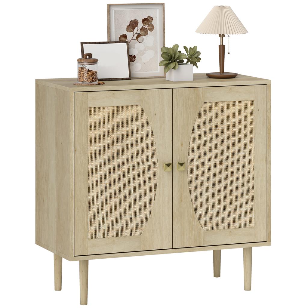 Kitchen Sideboard, Storage Cabinet with Double Doors and 2 Levels, Cane Front 80 x 38 x 79 cm Natural Wood Effect