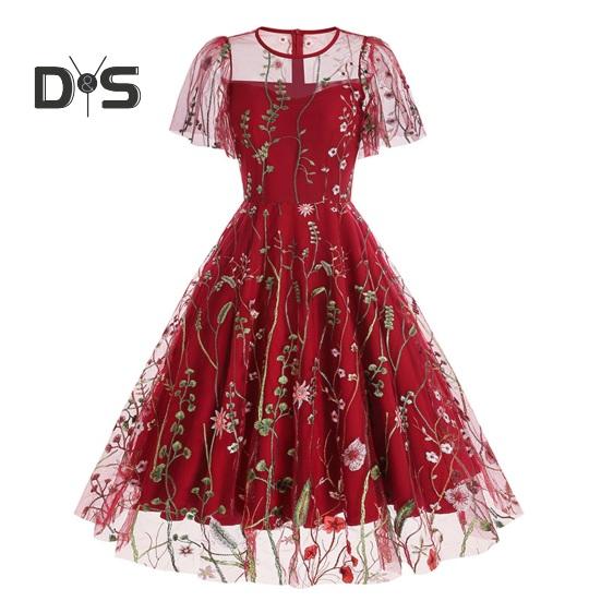 Women Evening Dress Double-layer Flower Embroidery Mesh A-line Big Swing Short Sleeves O Neck Back Zipper Closure Prom Party Midi Dress