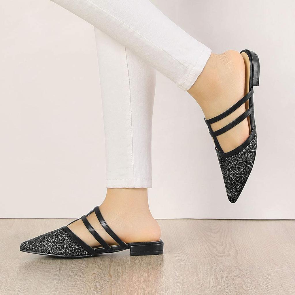 Allegra K Women's T-Strap Pointed Toe Mules, Black, Size 26.5cm