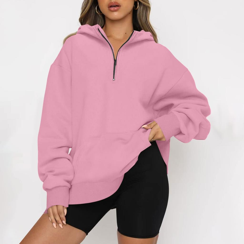Women's Casual Fashion Long Sleeve Solid Color Zipper Hooded Sweatshirt Top