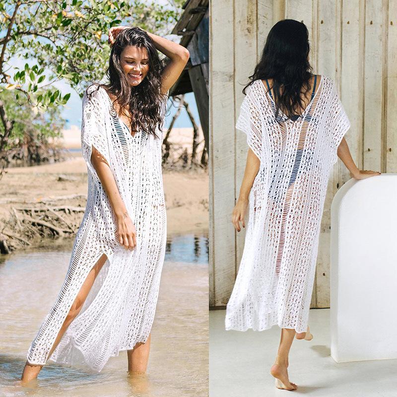 Sommer Dame Genser Lang Heklet Strandkjole Strikket Bikini Badebekledning Cover Up