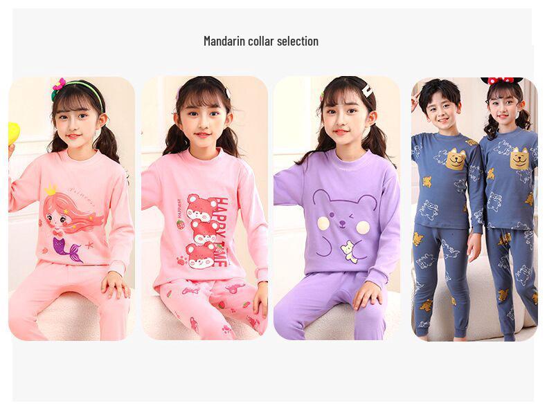 Kids' Cotton Pajama Set: Boys' Warm Underwear or Girls' Autumn Sweater and Pants, Small to Medium Sizes.