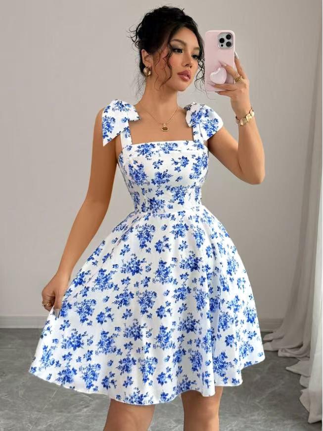 2025 Floral Print High Waist A-line Dress