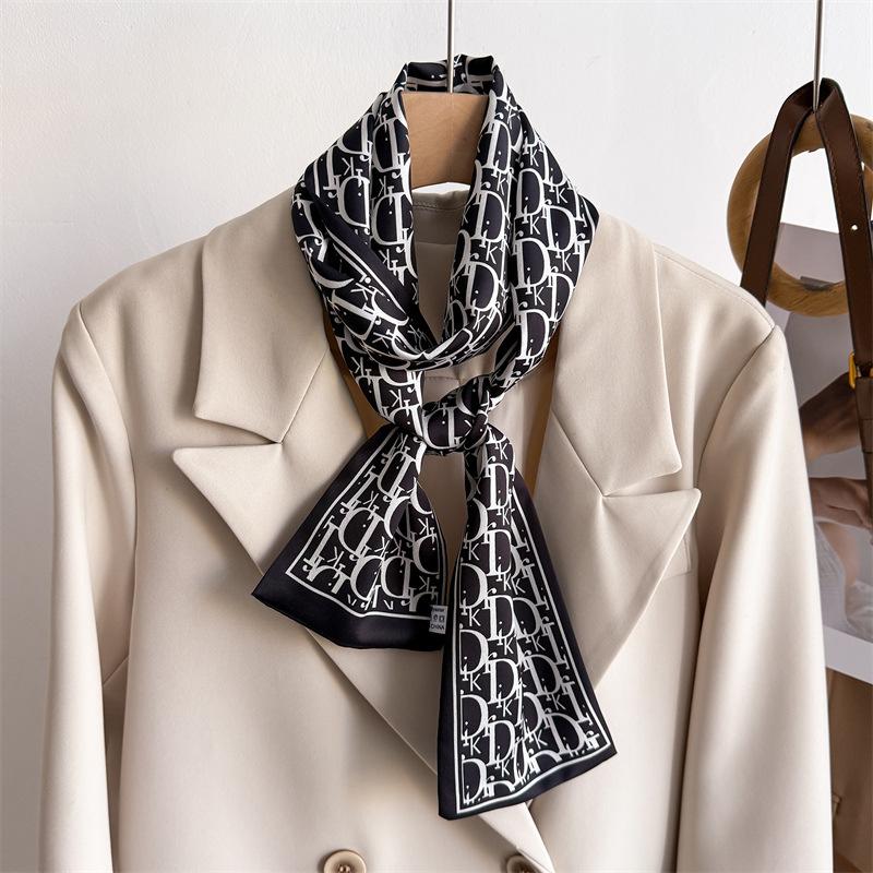Women Silk Feel Printed Design Scarf Shawl Luxury Long Narrow Small Silk Scarves Ladies Headband Headscarve