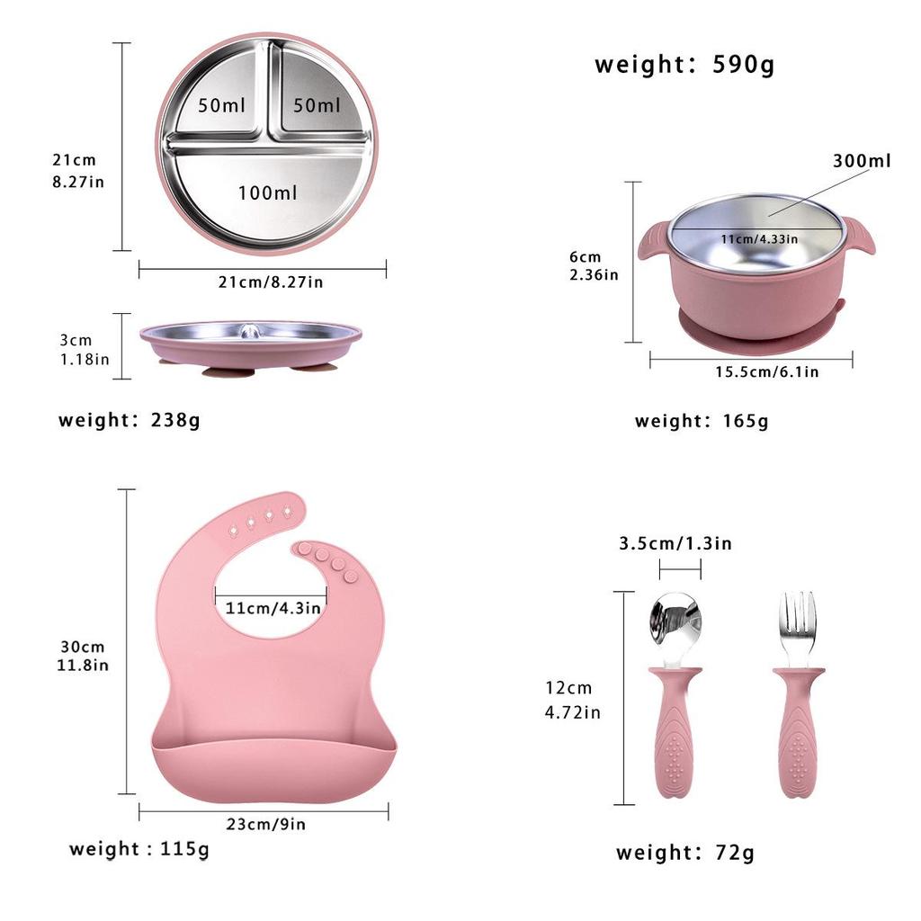 Stainless Steel Divided Children's Plate with Silicone Suction & Non-Slip Heat Insulation