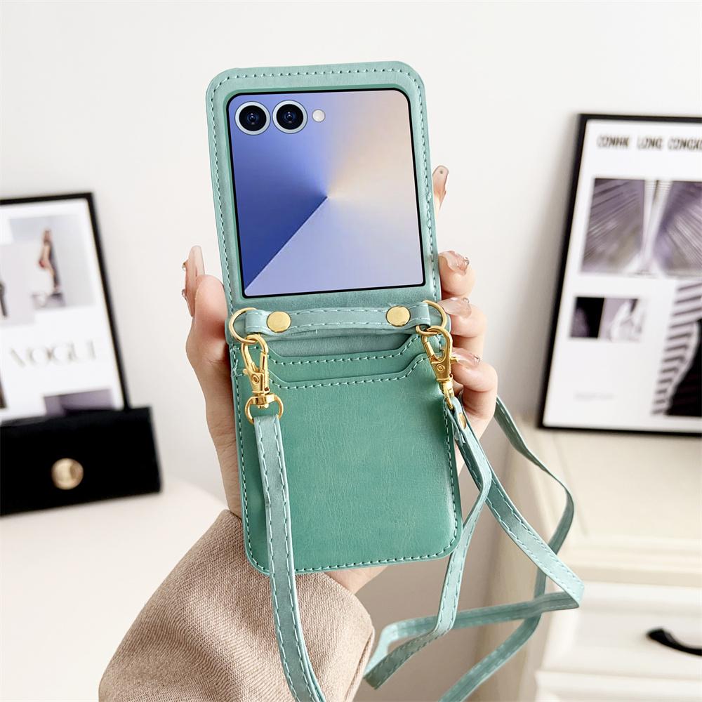 Crossbody Cards Solt Wallet Leather Phone Case for Samsung Galaxy Z Flip 7 FE 6 5 4 Flip6 Flip7 Hand Strap Lanyard Pocket Cover