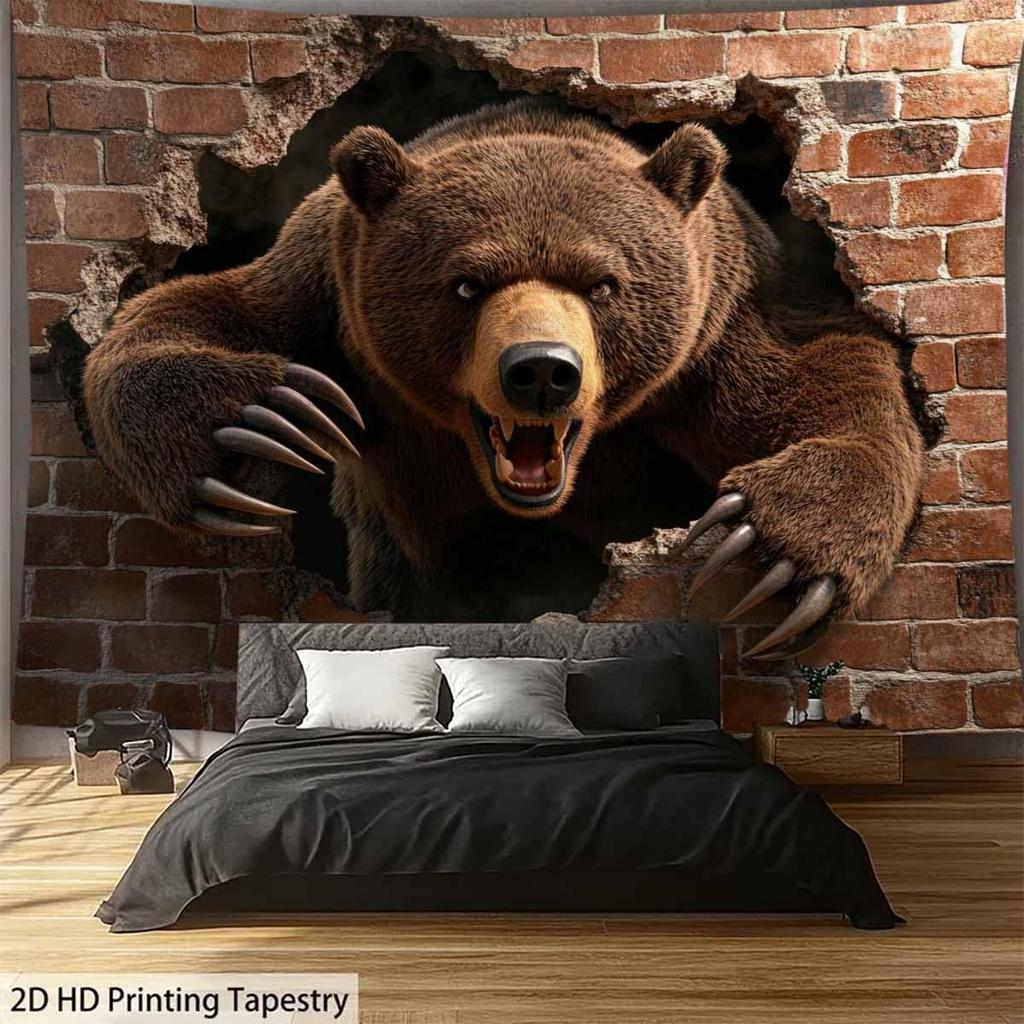 3D Fierce Bear Breakthrough Wall Art Tapestry, Aggressive Powerful Animal Print Poster Wide Wall Hanging For Bedroom Living Room