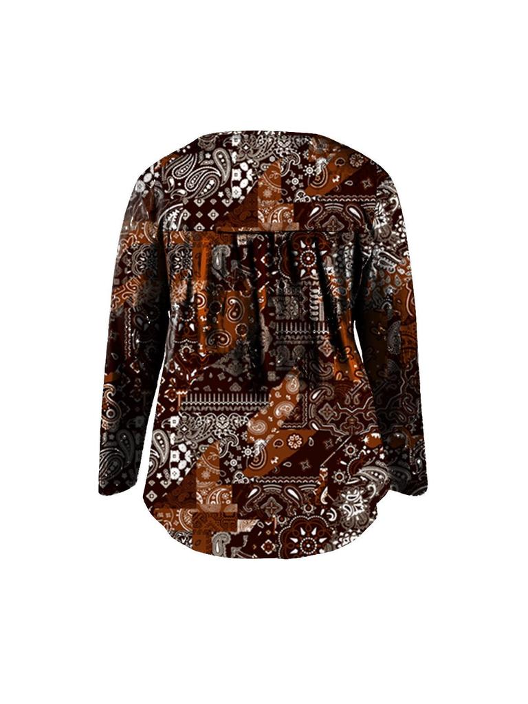 Elegant Plus Size Paisley V-Neck Button Top for Women