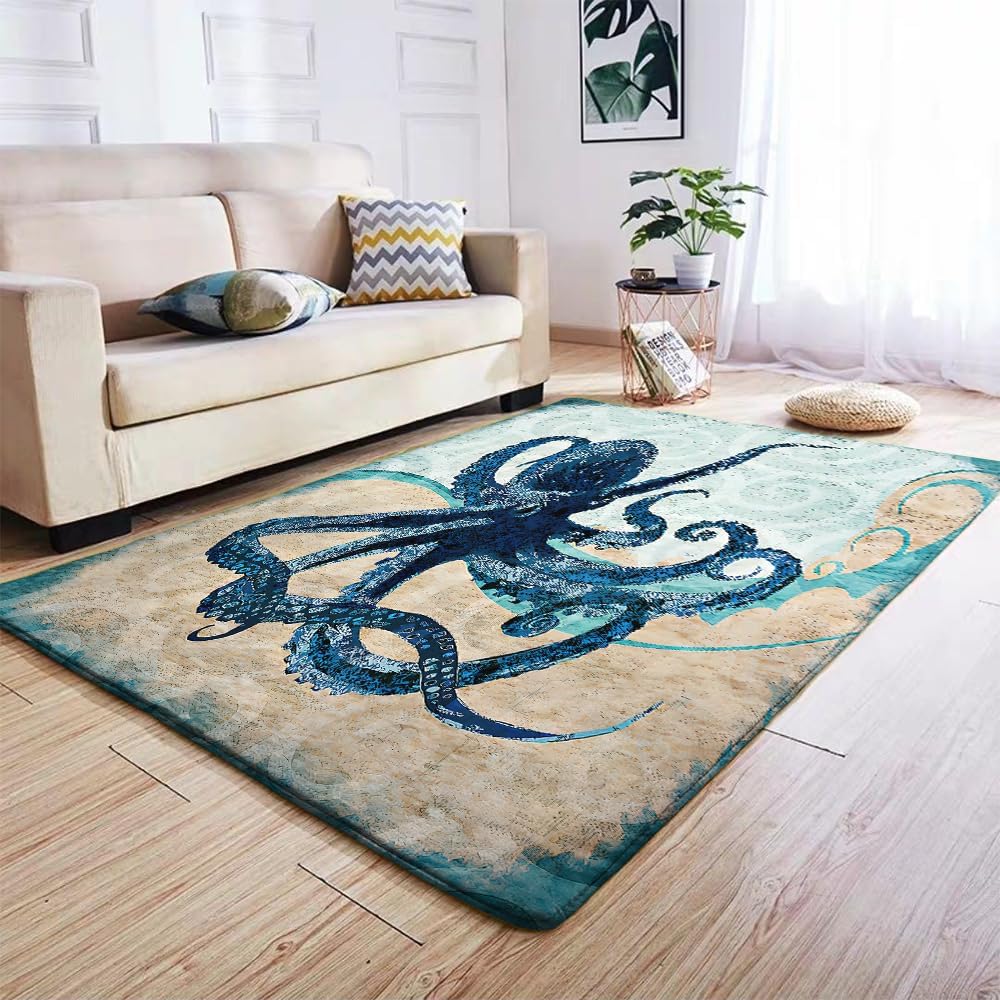 Sea Octopus Underwater World Watercolor Octopus Print Large Rug Modern Art Ocean Animals Decor Floor Mat Non-Slip Indoor Carpet