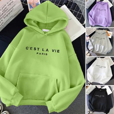 Long Sleeves Front Pocket Drawstring Fleece Lining Pullover Hoodie Autumn Winter Letter Printed Loose Women Sweatshirt Streetwear