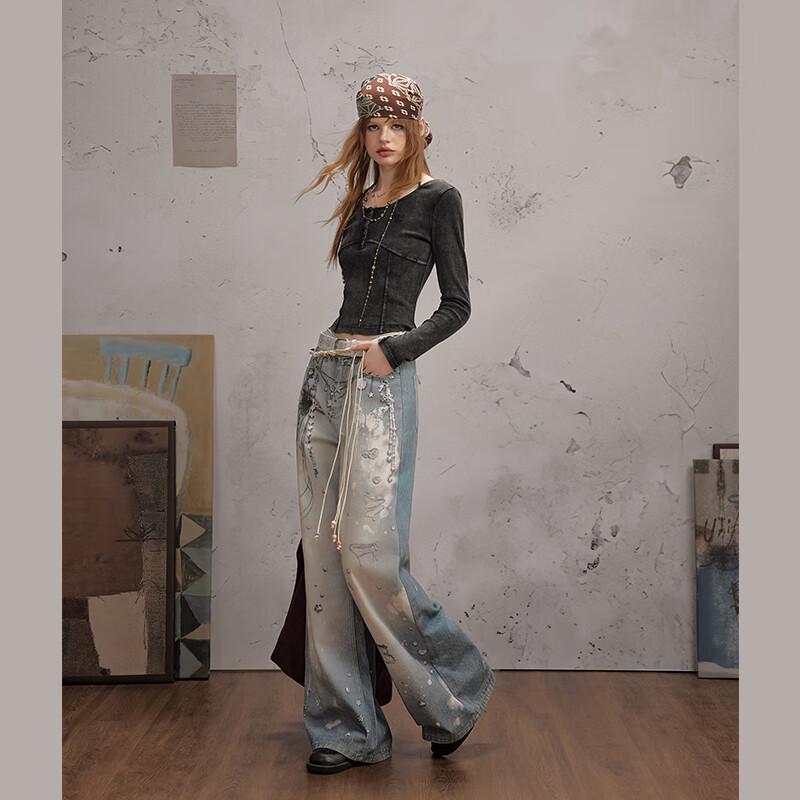 unifree American Style Chain Print Distressed Wide-Leg Denim Jeans