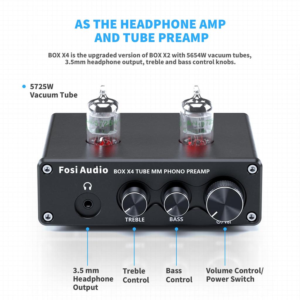 Fosi Audio BOX X4 Phono Preamplifier Headphone Amplifier with 6J1 Vacuum Preamplifier for MM Turntables and Preamplifier for Record with and Treble