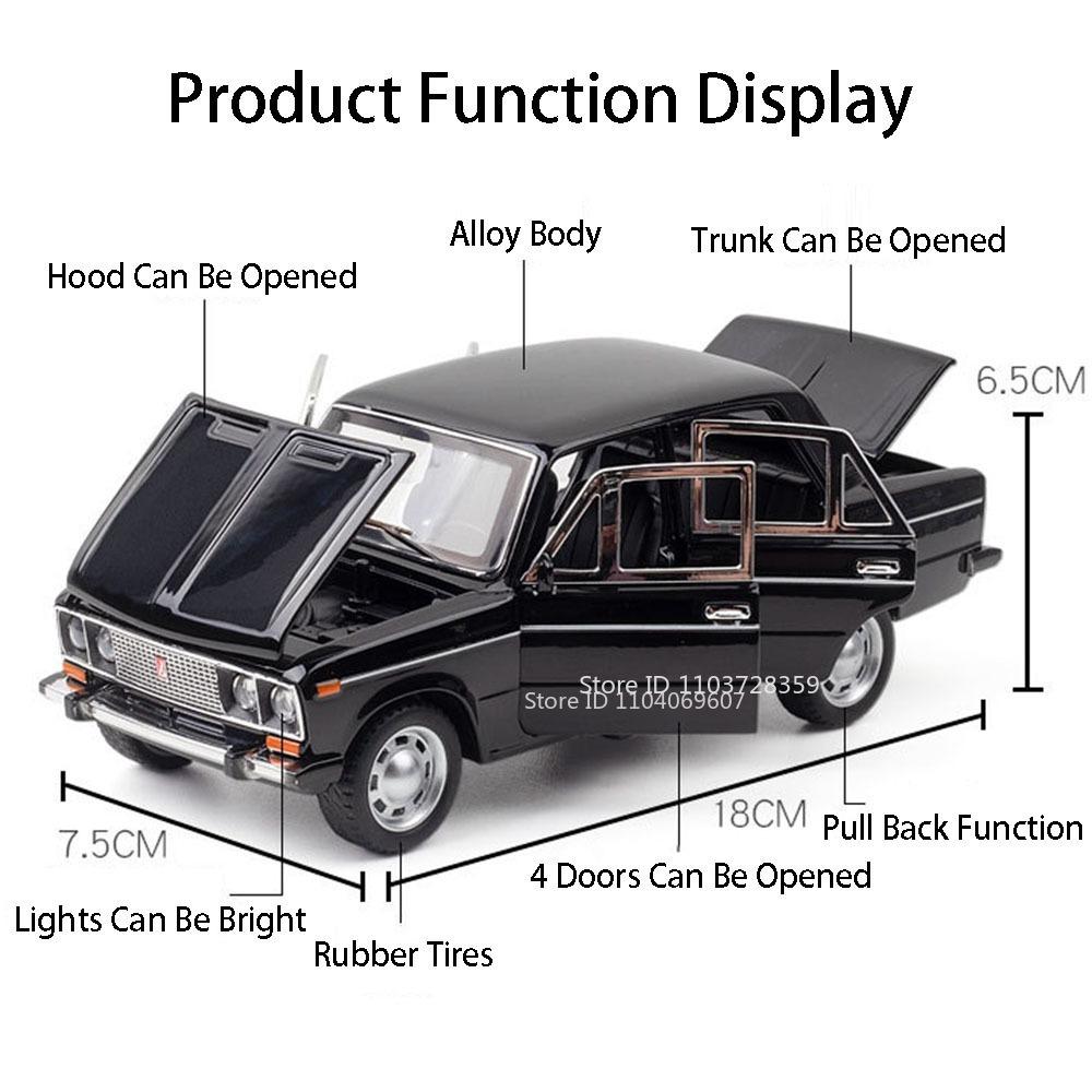 1:24 Lada 2106 Police Car Model Toy Metal Diecast Vintage Cars Sound Light Doors Opened Pull Back Simulation Vehicles Kids Gifts