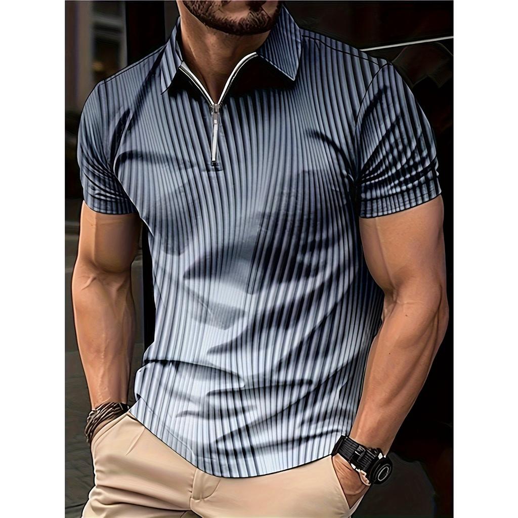 summer men's zippered short-sleeved POLO shirt features 3D striped pattern print for street casual