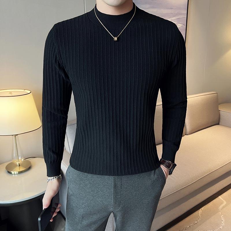 Solid Color Men's Striped Knit Sweater British Style Slim Fit Half Turtleneck Men's Casual Sweaters All Match Long Sleeve Pullovers Man