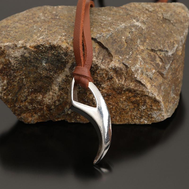 Viking Wolf Tooth Spike Pendant Necklace with Adjustable PU Leather Cord